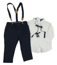Nové - 3set - Biela košile + tmavomodré plátenné kalhoty + pruhovaný motýlok H&M