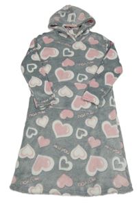 Šedo-růžové chlupaté domácí šaty se srdíčky a kapucí 