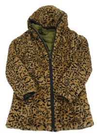 Hnedo-čierna leopardí kožušinová obojstranná zimná bunda s kapucňou Vidigo