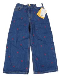 Nové - tmavomodré wide leg rifle s výšivkami srdíček H&M