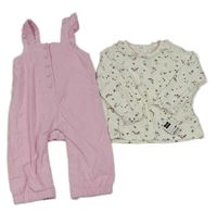 2set - Biele kvetované triko + Ružový menšestrový nohavicový overal Dunnes Stores