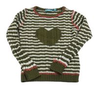 Kaki-biely pruhovaný sveter so srdcem