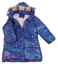 Fialovo-modro-zelený lesklý šušťákový zimný kabát s kapucňou s kožešinou