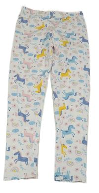 Bílo-barevné květované legíny s jednorožci 