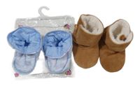 2set - 2x capáčky - Hnědé semišové zateplené + světlemodré kostkované 