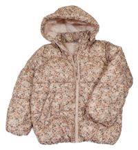 Růžovo-šedá květovaná šusťáková zimní bunda s kapucí H&M