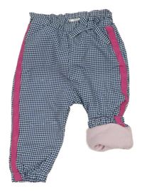 Modro-bílé vzorované šusťákové zateplené kalhoty s růžovým pruhem Ergee