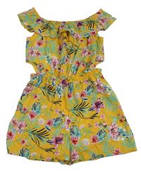 Žluto-barevný květovaný lehký kraťasový overal Primark