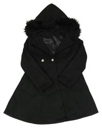 Čierny flaušový podšitý kabát s kapucňou