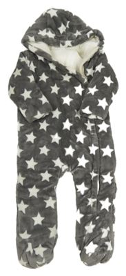 Šedá plyšová zateplená kombinéza s hvězdami a kapucí F&F