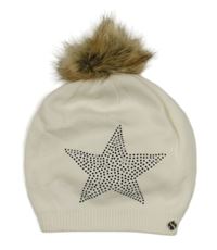 Smotanová pletená čapica s hvězdičkou z kamínků a brmbolcom