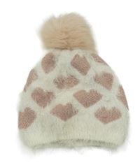 Bílá pleteno/chlupatá čepice se srdíčky a bambulí Dopodopo