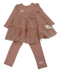 Nové - Starorůžový žebrovaný kalhotový overal s tylovou sukně s květy