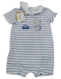 Nové - bílo-modrý pruhovaný kraťasový overal s autem Mayoral