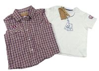 2Set - Kockovaná košile + biele tričko s visačkami a vlajkou Adams