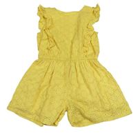 Žltý vzorovaný perforovaný plátenný kraťasový overal s volánikmi Mothercare