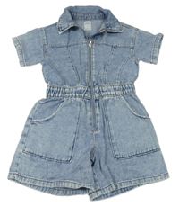 Modrý šisovaný riflový kraťasový overal s límečkem Denim Co.