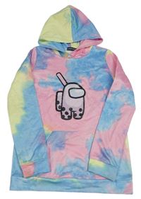 Modro-ružovo-žltá batikovaná športová mikina s Among Us a vreckom a kapucňou