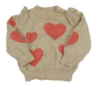 Béžový melírovaný sveter so srdiečkami a volánikmi NUTMEG