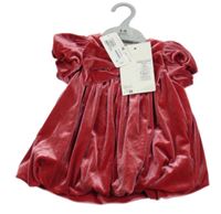 Nové - Červenorůžové lesklé sametové podšité balonové šaty s mašlí M&S