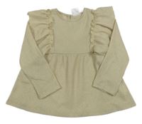 Smetanovo-zlatá pruhovaná úpletová tunika s volánikmi ZARA