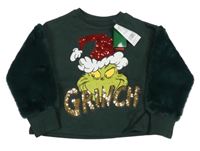 Nové - Tmavokhaki/smaragdová teplákovo/kožešinová vianočná crop mikina s Grinchem a flitrami