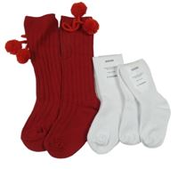 Nové - 3Set - 1x - Červené žebrované podkolenky s bambulemi + 2x - biele rebrované ponožky