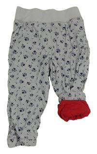 Světlešedofialové cuff manšestrové podšité kalhoty s kytičkami a úpletovým pasem lupilu