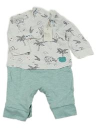 Nové - 2Set - Bielo-mentolová melírovaná kombinéza so zvieratkami a palmami + šátek/slinták Rocha John Rocha