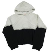 Bílo-černá oversize crop mikina s pruhem s nápisy a kapucí