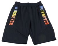 Tmavomodré športové teplákové kraťasy s nápismi