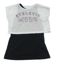 Biele sieťované crop tričko s nápismi a všitým černým topem H&M