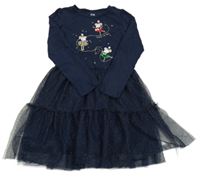 Tmavomodré bavlněno/tylové šaty s myškami s flitrami zn. C&A