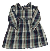 Zelenošedo-tmavomodro-vínové kostkované šaty s límečkem