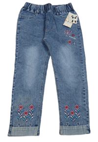 Nové - Modré džegíny s výšivkami květů a motýla