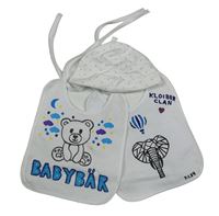 3set - Bílá bavlněná čepice s hvězdami + bryndák s medvědem + s balónem