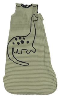 Zelenošedý pruhovaný žebrovaný zateplený oboustranný spací pytel s dinosaurem