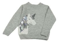 Šedý melírovaný svetr s jednorožcem s flitry M&Co.