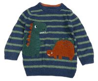 Petrolejovo-zelený pruhovaný svetr s dinosaury Nutmeg