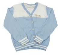 Světlemodro-biely prepínaci sveter s nápisom
