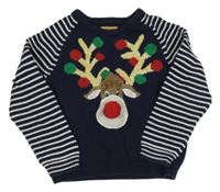 Tmavomodrý sveter s pruhovanymi rukávy a sobom