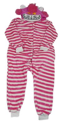 Ružovo-biela pruhovaná plyšová kombinéza s kapucí - kočka Šklíba