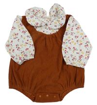 Hnědé žebrované sametové body s květovaným límečkem a rukávy 