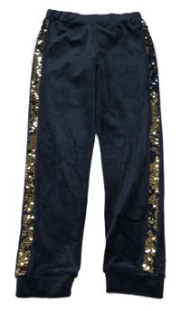 Tmavomodré zamatové tepláky s pruhem z flitrů Pep&Co