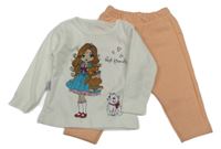 2 set - bílé triko s dívkou + meruňkové tepláky 