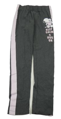 Šedé legíny s růžovým pruhem a Snoopym 