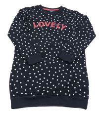 Tmavomodré bodkovaná é teplákové šaty s nápisom