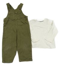 2 set - bílé žebrované triko + khaki plátěné laclové kalhoty Primark