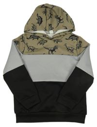 Kaki-sivo-čierna mikina s dinosaurami a kapucňou Shein