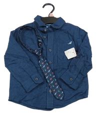 Nové - 2set - tmavomodrá vzorovaná kravata s diny + tmavomodrá košile F&F